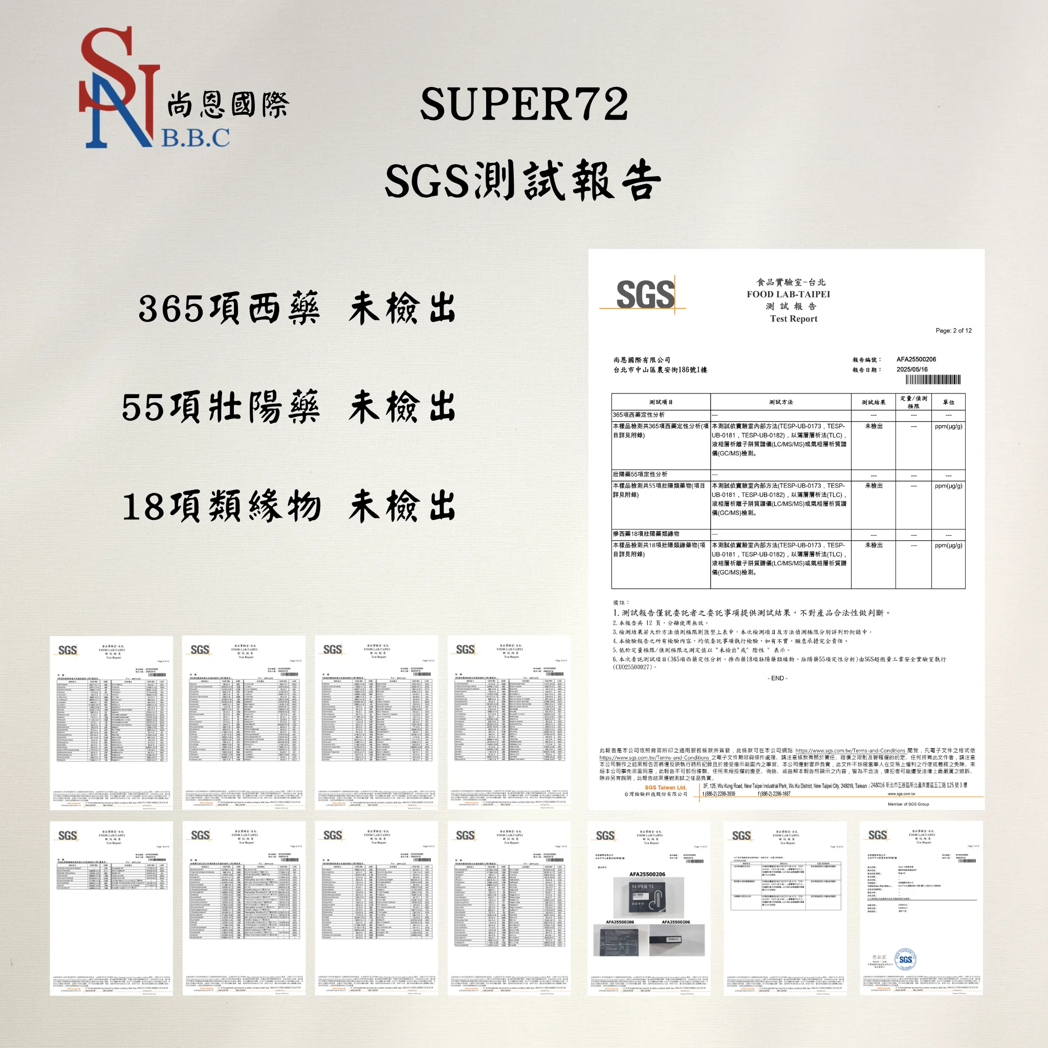 尚恩國際有限公司所開發的植萃保健食品,針對男性性功能保養所開發的Super-72,送交SGS的檢驗合格報告